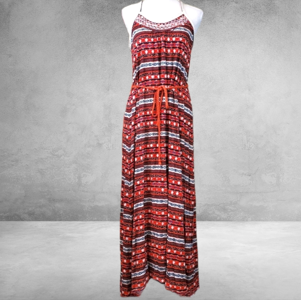 Lucky Brand Tie Waist Small Aztec Print Multicolored Maxi Dress